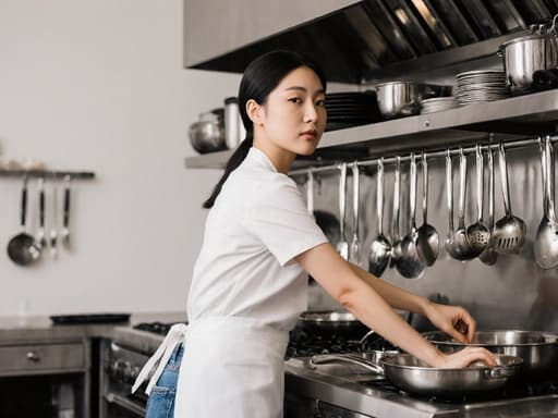 20대 아시아계 여성의 반신 샷으로, 깨끗한 흰색 앞치마와 캐주얼한 청바지를 착용한 모습입니다. 그녀는 깔끔하게 정돈된 주방에서 조리 도구를 선반에 정리하며 스트레칭하는 자세를 취하고 있습니다. 이 장면은 자연미와 우아함을 포착하며, 요리의 창의적인 분위기를 만들어냅니다.