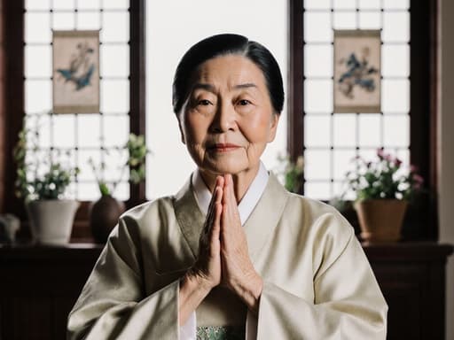 전통 한복을 입고 있는 80대 한국인 여성의 차분한 반신 사진. 그녀는 부드러운 미소를 지으며 손을 모아 인사하는 자세를 취하고 있습니다. 화분과 한지 장식이 있는 아늑한 전통 한국식 거실이 따뜻한 분위기를 더합니다.