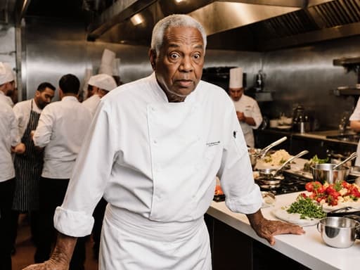 60대 아프리카계 남성이 요리사복과 흰색 앞치마를 착용하고 주방 조리대 앞에서 놀란 표정을 지으며 서 있다. 다양한 조리 도구와 재료들로 가득한 바쁜 주방 환경 속에서 생동감 넘치는 모습이다.