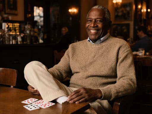 70대 아프리카계 남성이 카페 테이블에 앉아 카드 게임에 집중하고 있는 반신 촬영. 편안한 니트 스웨터와 면바지를 입고 있으며, 친근한 미소를 지으며 따뜻하고 초대하는 분위기를 발산합니다. 배경은 부드러운 조명이 비추는 아늑한 카페 내부로, 편안한 분위기를 더해줍니다.