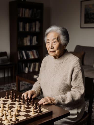 70대 동양인 여성의 반신을 촬영한 사진으로, 편안한 니트 스웨터와 슬랙스를 입고 체스 테이블에 앉아 무관심한 표정으로 체스 기물을 바라보고 있습니다. 그녀의 손은 테이블 위에 자연스럽게 놓여 있으며, 아늑한 거실 배경에는 책장, 소파, 커피 테이블이 있어 따뜻한 분위기를 자아냅니다.