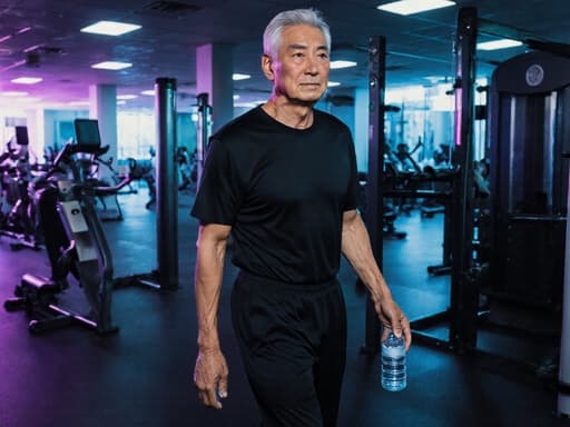 60대 한국인 남성이 편안한 운동복과 운동화를 착용하고 헬스장에서 물병을 손에 들고 걷고 있는 반신 사진. 피곤하지만 결단력 있는 표정을 지으며 다양한 운동 기구와 밝은 조명 속에서 피트니스에 대한 헌신을 보여줍니다.
