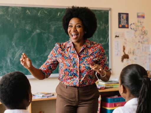 40대의 자신감 넘치는 흑인 여성이 화려한 패턴의 블라우스와 편안한 팬츠를 입고 아늑한 교실에서 아이들과 상호작용하고 있습니다. 그녀는 옷을 입는 방법을 손짓으로 설명하며 긍정적인 에너지와 따뜻함을 발산합니다.