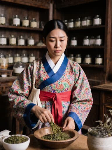 전통 한복을 입은 젊은 흑인 여성이 전통 한의원에서 약재를 준비하기 위해 걱정스러운 표정을 지으며 서 있습니다. 방 안에는 고풍스러운 나무 가구와 약재 진열이 어우러져 진정한 문화적 분위기를 만들어냅니다.