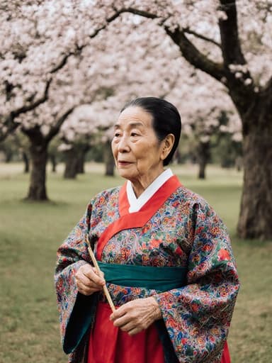 평화로운 공원에서 공예 도구를 들고 전통 한복을 입은 80대 동양인 여성의 전체적인 모습. 고독한 감정을 드러내며 고요한 풍경 속에 서 있습니다.