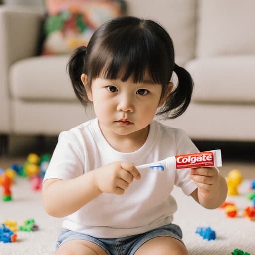 3세 한국인 여성의 반신 촬영으로, 자연스러운 외모를 가진 소녀가 편안한 티셔츠와 반바지를 입고 있습니다. 그녀는 지루한 표정으로 치약을 들고 있으며, 치약을 칫솔에 짜고 있는 자세입니다. 배경은 밝고 아늑한 거실로 장난감들이 흩어져 있어 가정적인 분위기를 자아냅니다. 전체 이미지는 일상적인 루틴의 본질을 포착하며, 어린 시절의 순수함과 단순함을 강조합니다.