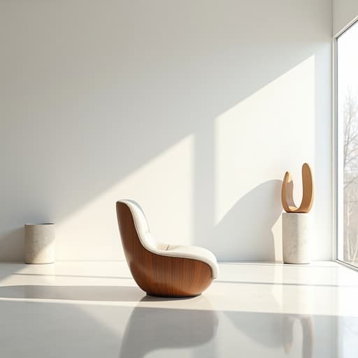 현대 미술 갤러리의 미니멀한 흰색 벽과 추상 조각 뒤에 비친 초 현대적 인테리어 의자, 자연광에 의해 조명됨.