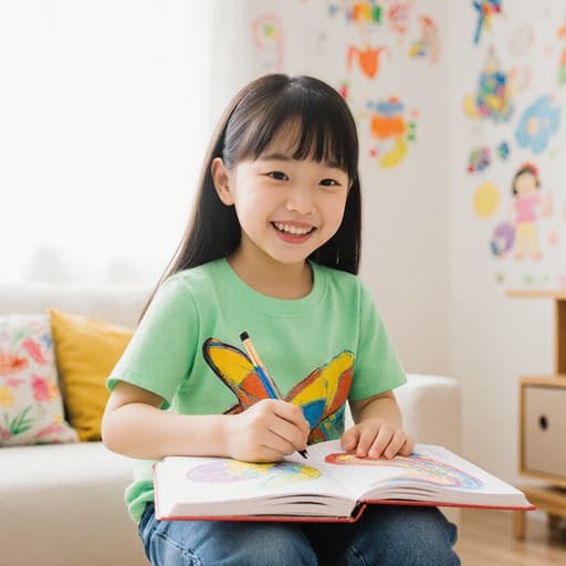 7세 한국인 여성의 반신샷으로, 귀엽고 순수한 외모를 가진 소녀가 화사한 색상의 티셔츠와 편안한 청바지를 착용하고 있습니다. 그녀는 앞에 놓인 색깔 공책에 집중하여 색칠을 하며 순수한 미소로 즐거운 감정을 표현하고 있습니다. 배경은 밝고 아늑한 거실로, 다양한 색깔의 그림이 벽에 걸려 있어 따뜻하고 매력적인 분위기를 만들어주고 있습니다.