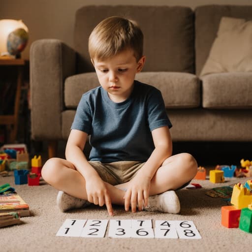 귀여운 3세 유럽계 남자 아이가 아늑한 거실에 앉아 편안한 티셔츠와 반바지를 입고 지루한 표정을 지으며 숫자를 세고 있습니다. 아이는 주변에 흩어져 있는 다채로운 숫자 카드들을 가리키고 있습니다. 장난감과 책들이 놓여 있는 따뜻한 분위기의 배경이 장면을 더욱 즐겁고 평화롭게 만들어줍니다.