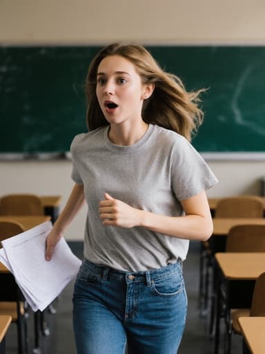 20대 백인 여성의 전신 사진으로, 교실에서 강의 자료를 들고 달려가며 당황한 표정을 짓고 있습니다. 편안한 티셔츠와 청바지를 입고 있으며, 배경에는 칠판과 책상이 배치되어 있습니다.