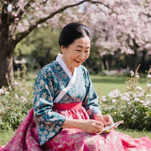 아름다운 공원에서 나무와 꽃들로 가득한 배경 속에 전통 한복을 입고 편안한 미소를 지으며 바닥에 앉아 전통 공예품을 만드는 70대 동양인 여성의 반신 사진.