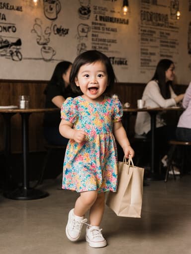 밝은 색상의 원피스를 입고 운동화를 신은 귀엽고 사랑스러운 3세 동양인 여아가 배고픈 듯 눈을 크게 뜨고 입을 약간 벌린 채 가방을 메고 즐겁게 걷고 있는 반신 샷. 따뜻한 분위기의 카페에서 대화하는 사람들로 가득 차 있어 활기차고 초대하는 느낌을 주는 이미지입니다.