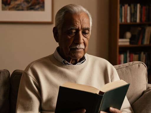 70대 혼혈 남성이 편안한 홈웨어를 입고 책을 읽으며 몰입하고 있는 모습을 담은 반신 촬영. 아늑한 거실 배경에 책장과 소파가 있어 평온함과 지혜로움을 전달합니다.