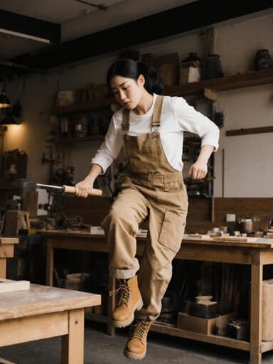 목재 가공 작업복을 입고 도구를 쥔 채 점프하는 10대 후반의 동양인 여성의 전신 사진. 지루한 표정을 지으며 나무 소재의 카페 내부에서 역동적인 느낌을 주며, 에너지와 무관심의 대조를 만들어냅니다.