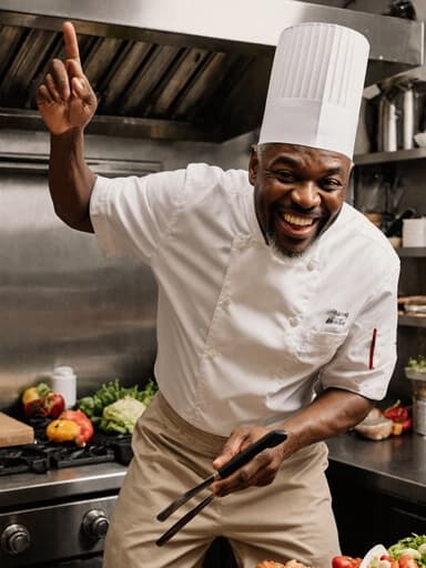 60대 아프리카계 남성이 편안한 작업복과 조리 모자를 착용하고, 조리 도구를 들고 점프하며 환하게 웃고 있는 모습을 담은 풀 바디 샷. 활기찬 주방 배경에 신선한 재료와 조리 기구들이 잘 정리되어 있습니다.