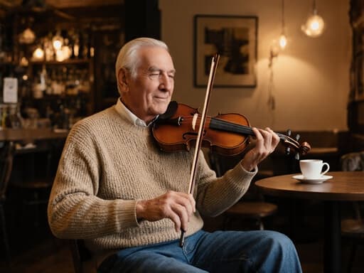 70대 혼혈 남성이 편안한 니트 스웨터와 청바지를 입고, 아늑한 카페에서 악기를 조용히 연주하며 만족스러운 표정을 짓고 있는 모습. 따뜻한 조명이 비추고, 테이블 위에는 커피가 놓여 있어 여유로운 분위기를 자아냅니다.
