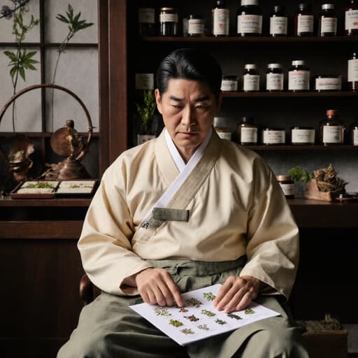 전통 한약 상담실에서 테이블에 앉아 한약재가 적힌 서류를 살펴보는 중년 한국 남성이 전통 한복 상의를 입고 있습니다. 그는 진지한 표정을 지으며 손가락으로 서류를 가리키고 있습니다. 방 안은 다양한 한약재와 전통 도구로 가득 차 있으며, 따뜻하고 초대하는 분위기를 만들어냅니다.