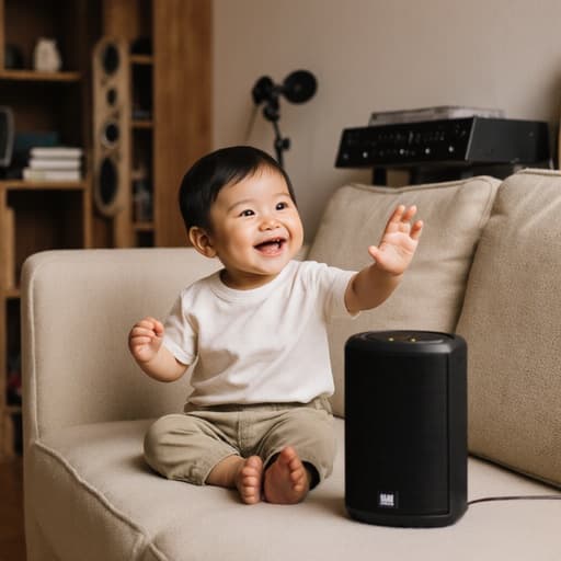 아늑한 거실 소파에 앉아 있는 장난스러운 1세 남성 아시아계 아기 반신 샷. 귀여운 티셔츠와 바지를 입고 있으며, 음악이 나오는 작은 스피커를 바라보며 손을 흔들며 장난스러운 표정을 짓고 있습니다.