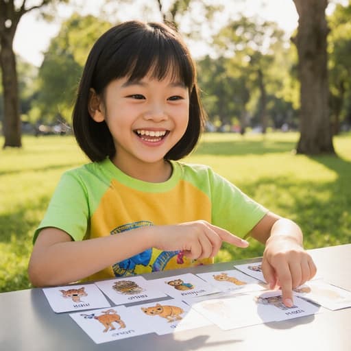 즐거운 표정을 짓고 있는 7세 아시아계 소녀가 자연스러운 외모로 반신 촬영된 모습입니다. 그녀는 공원에 있는 테이블에 앉아 있으며, 화사한 색상의 티셔츠와 반바지, 편안한 운동화를 착용하고 있습니다. 얼굴에 웃음이 가득한 그녀는 동물 이름이 적힌 카드를 살펴보며 손가락으로 가리키고 있습니다. 배경에는 푸른 잔디와 나무들이 있고, 따뜻한 햇빛이 비치는 아름다운 날씨가 조화를 이루고 있습니다.