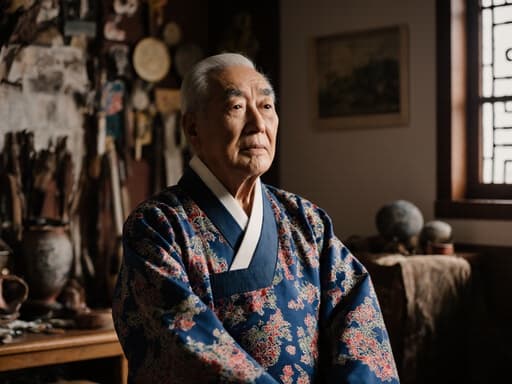 70대 한국인 남성이 전통 한복을 입고, 아늑한 거실에서 전통 공예 작품을 감상하며 스트레칭하는 모습의 반신 사진입니다. 지루한 표정이 이 장면에 독특한 매력을 더해주며, 문화와 개인의 경험이 조화를 이루고 있습니다.