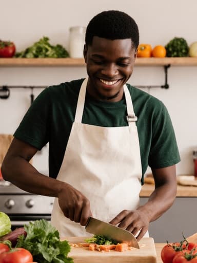 편안한 티셔츠와 요리용 앞치마를 착용한 10대 초반의 아프리카계 남성이 잘 정리된 주방에서 신선한 재료를 즐겁게 손질하고 있는 반신 사진입니다. 그의 표정은 자유롭고 즐거움을 반영하며, 요리에 대한 열정을 강조합니다.