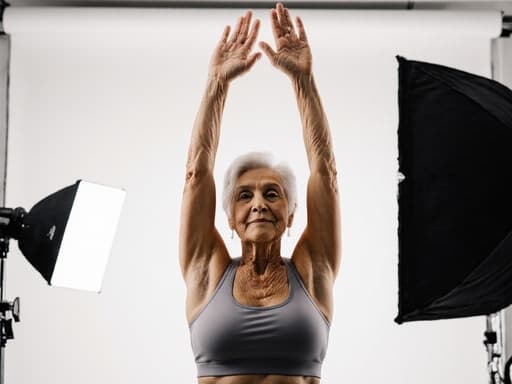 60대 혼혈 여성이 편안한 운동복을 입고 스트레칭 자세로 팔을 위로 뻗고 있는 모습의 반신 사진. 밝은 조명과 다양한 촬영 장비가 있는 사진 작업실 배경에서 집중하는 표정을 지으며 촬영되었습니다.