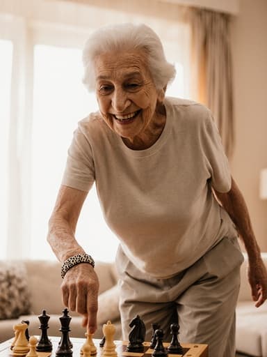 따뜻한 미소를 지닌 80대 중동계 여성의 전체 몸샷으로, 캐주얼한 복장을 입고 체스를 두기 위해 신나게 점프하고 있는 모습이 아늑한 거실에서 체스 보드를 배경으로 촬영되었습니다. 따뜻한 조명이 아늑한 분위기를 만들어냅니다.