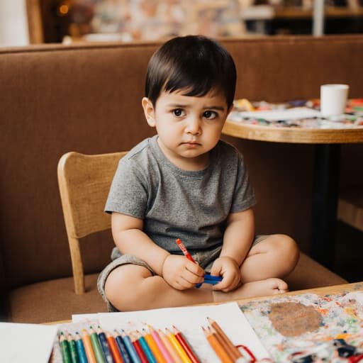 아늑한 카페의 테이블 위에 여러 가지 미술 도구가 놓여져 있는 모습에서, 귀여운 외모와 동그란 얼굴을 가진 1살의 중동계 남자아이가 반바지와 티셔츠를 입고, 색연필을 쥐고 크로스 레그로 앉아 약간 실망한 표정을 짓고 있는 반신 촬영 이미지입니다.