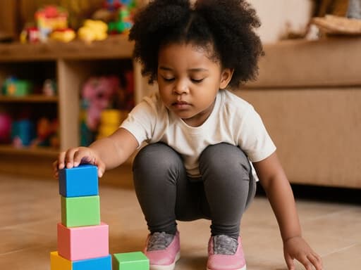 아늑한 카페에서 편안한 티셔츠와 레깅스를 입은 3세 흑인 소녀의 반신 사진. 졸린 표정을 짓고 색색의 장난감 블록을 쌓는 데 집중하고 있으며, 아기자기한 장난감으로 가득한 따뜻한 분위기 속에서 어린 시절의 창의적인 순간을 강조하고 있습니다.