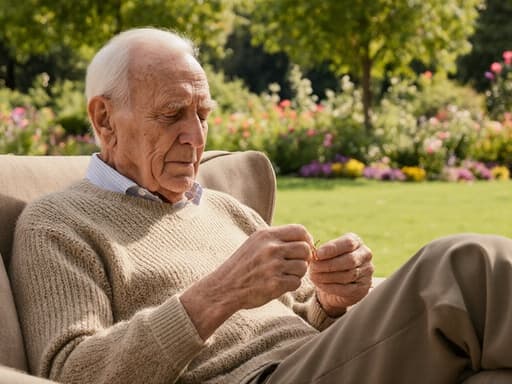 80대의 백인 남성이 편안한 니트 스웨터와 바지를 입고 소파에 앉아 바느질을 하며 실을 조심스럽게 다루고 있는 반신 촬영입니다. 배경은 나무와 꽃들이 어우러진 아름다운 공원으로, 장면의 차분하고 평화로운 분위기를 더욱 강조합니다.