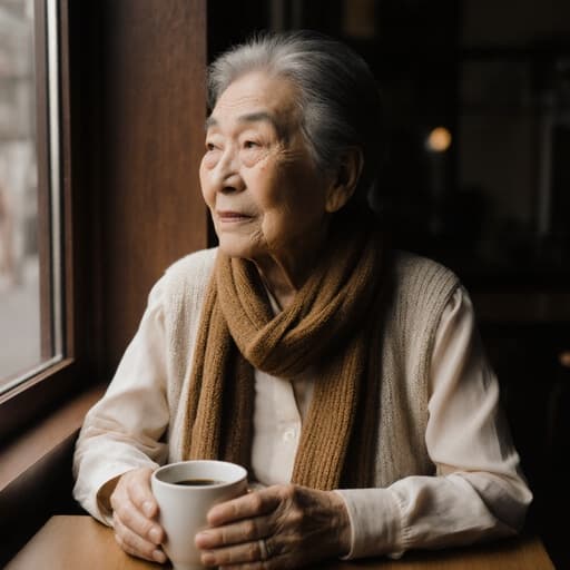 80대 한국인 여성의 반신 사진으로, 자연스러운 외모를 보여줍니다. 그녀는 편안한 블라우스와 스웨터를 입고 있으며, 따뜻한 색조의 스카프를 착용하고 있습니다. 외로운 표정을 지으며 그리움이 가득한 눈빛을 가진 그녀는 아늑한 카페 테이블에 앉아 두 손으로 커피잔을 감싸 쥐고 창밖을 바라보며 가족의 기억을 회상하는 듯한 모습입니다. 배경은 따뜻하고 아늑한 카페 내부로, 반성과 그리움의 감정적인 분위기를 더해줍니다.