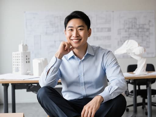 30대의 동양인 남성이 행복한 표정으로 자신감 넘치는 모습으로 현대적인 사무실에 앉아 있는 반신 사진입니다. 그는 깔끔한 셔츠와 정장 바지를 착용하고 있으며, 한 손으로 턱을 받치고 생각에 잠긴 자세를 취하고 있습니다. 배경에는 건축 도면과 모델이 있어 전문적이고 영감을 주는 분위기를 자아냅니다.