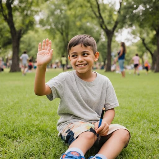 생기 넘치는 자연스러운 외모를 가진 혼혈 7세 남자아이가 편안한 티셔츠와 반바지를 입고, 한 손에는 그림 도구를 들고 다른 손은 인사하는 자세로 올리며 배고픈 표정으로 주위를 바라보고 있습니다. 그의 주변에는 친구들과 함께 놀고 있는 푸르른 공원 배경이 있어 즐거운 분위기를 자아냅니다.