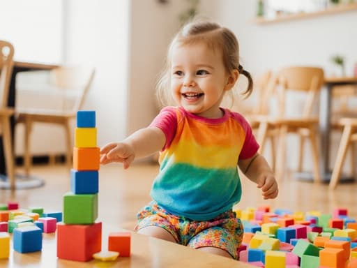 귀여운 3세 유럽계 여아가 아늑한 카페에서 화사한 티셔츠와 반바지를 입고 밝게 웃으며 다양한 색상의 블록을 쌓으려고 손을 뻗고 있는 반신 사진입니다. 즐거운 분위기가 가득한 장면입니다.