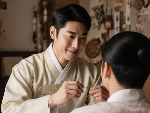 건강하고 활기찬 20대 한국 남성이 전통 한복을 입고, 침을 들고 환자를 진지하게 바라보며 아늑한 치료실에서 전통 침구와 한지 장식으로 꾸며진 분위기를 강조하는 모습이 담긴 이미지입니다.