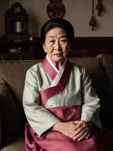 70대 백인 여성이 전통 한복을 입고 소파에 팔짱을 낀 채 지루한 표정을 지으며 앉아 있는 모습을 담은 반신 사진. 아늑한 거실에는 전통 한국 소품들이 배치되어 있습니다.