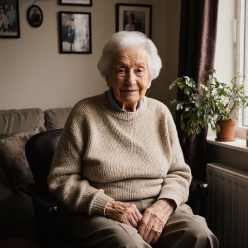 80대 백인 여성의 반신 사진으로, 편안한 니트 스웨터와 슬랙스를 입고 아늑한 거실에 앉아 있습니다. 그녀는 지혜로운 표정과 부드러운 미소를 지으며, 무릎 위에 손을 자연스럽게 올려놓고, 가족 사진과 식물들로 둘러싸여 따뜻함과 삶의 경험을 발산하고 있습니다.