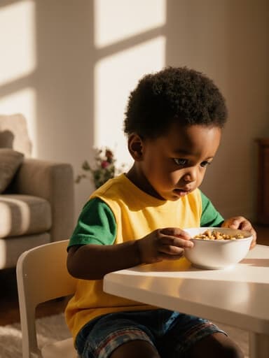 밝은 색상의 티셔츠와 편안한 반바지를 입고 작은 식탁에 앉아 배고픈 표정을 지으며 음식이 담긴 그릇을 바라보는 3세의 흑인 남성의 귀엽고 사랑스러운 반신 사진. 아침 햇살이 비치는 아늑한 거실에서 촬영되었습니다.