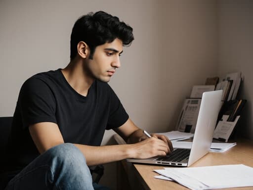 10대 후반의 중동계 남성이 편안한 티셔츠와 청바지를 입고 집 사무실에 앉아 있는 반신 촬영. 그는 세련되고 집중한 표정으로 노트북으로 서류 작업을 하고 있으며, 깔끔한 책상 위에 정리된 서류와 함께 전문적이면서도 편안한 분위기를 만들어냅니다.