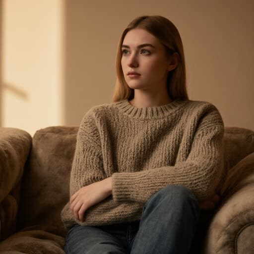 20대 유럽계 여성이 따뜻한 조명이 비추는 아늑한 거실의 소파에 앉아 있습니다. 편안한 니트와 청바지를 착용하고 팔짱을 끼고 고민하는 표정을 지으며 생각에 잠겨 있습니다. 아늑하고 따뜻한 분위기를 연출하고 있습니다.