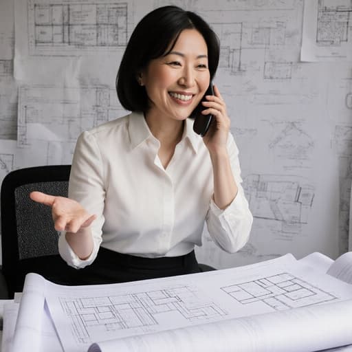 40대 친근한 아시아계 여성이 전문가 느낌의 블라우스와 치마를 착용하고, 한 손으로 전화를 들고 다른 손으로 도면을 가리키며 따뜻한 미소를 짓고 있는 모습의 반신 사진. 도면과 디자인 자료로 가득한 도면실에서 촬영되었습니다.