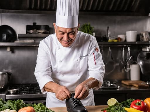 60대의 친근한 라틴계 남성이 전문 셰프 복장과 조리 모자를 착용하고, 긍정적인 미소를 지으며 조리실에서 활동적으로 신발을 신는 모습의 반신 사진입니다. 배경은 다양한 요리 도구와 재료들로 가득한 바쁜 조리실로, 요리에 몰두하는 분위기를 자아냅니다.