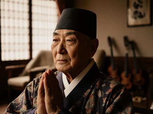 전통 한복을 입고 두 손을 모아 인사하는 자세를 취한 70대 아시아계 남성의 반신 사진으로, 전통 음악 악기가 놓인 아늑한 거실에서 외로움과 문화유산의 분위기를 전달합니다.