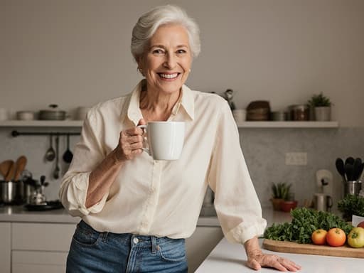 60대 혼혈 여성이 깔끔하게 정리된 주방에서 편안한 블라우스와 청바지를 입고 커피를 즐기고 있으며, 따뜻한 미소를 짓고 있습니다. 한 손으로 커피 컵을 들고 다른 손으로는 작업대를 지탱하며 여유로운 자세를 취하고 있는 모습으로 초대하고 편안한 분위기를 연출합니다.