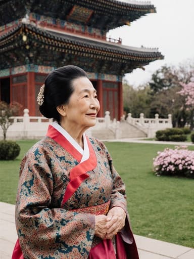 80대 아시아계 여성의 전신 사진으로, 전통 한복을 입고 아름다운 공원에 우아하게 서 있습니다. 그녀는 만족스러운 미소를 지으며 전통 건축물을 바라보고 있으며, 문화에 대한 감사를 표현하고 있습니다. 배경은 무성한 녹지와 전통 건축물이 어우러져 자연과 유산의 조화를 이루고 있습니다. 이 구성은 따뜻하고 초대하는 분위기를 담아내며, 여성의 우아함과 의상의 문화적 의미를 강조합니다.