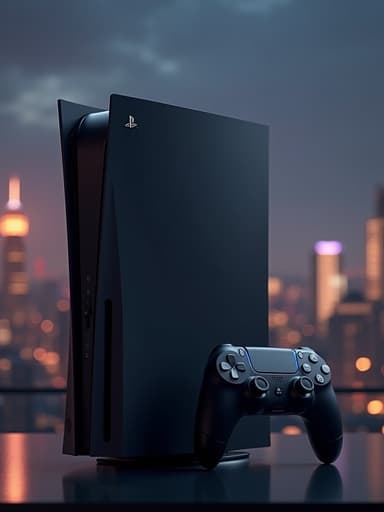 아름다운 도시 야경을 배경으로 중앙에 배치된 게임 콘솔, 따뜻한 도시 불빛이 반짝이고 부드러운 보케 효과가 있습니다.