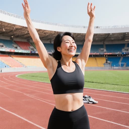 40대 동양인 여성이 스타일리시한 운동복과 운동화를 입고 긍정적인 표정으로 미소 지으며 운동장과 트랙이 있는 배경에서 팔을 쭉 뻗으며 스트레칭하는 모습의 생동감 넘치는 반신 촬영. 이 장면은 에너지와 동기부여를 발산하며 피트니스 프로모션에 적합합니다.
