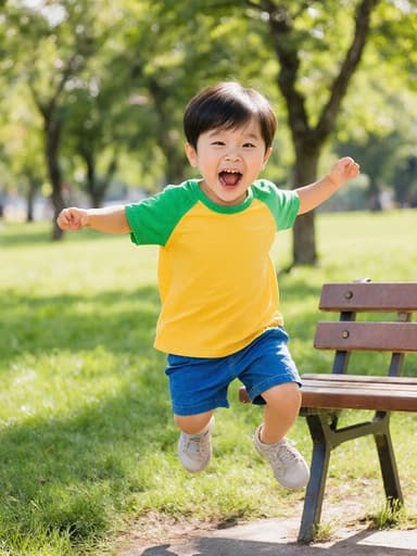 이 이미지는 밝은 색상의 티셔츠와 반바지를 입은 귀여운 3살 한국인 남자아이가 공원 벤치 옆에서 즐겁게 점프하는 모습을 담고 있습니다. 배고픈 표정을 지으며 입을 벌리고 있는 모습이 생생하게 표현되어 있으며, 푸른 잔디와 나무가 어우러진 배경이 즐거운 분위기를 자아냅니다.