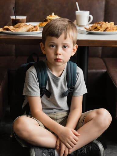 아늑한 카페에서 반다리로 앉아 있는 7세 백인 남자 어린이의 반신 샷입니다. 그는 테이블 위의 음식을 간절히 바라보며, 편안한 티셔츠와 반바지를 입고 있습니다. 무릎 위에는 가방이 놓여 있으며, 배고픔을 표현하며 아늑한 분위기 속에서 편안함을 느끼고 있습니다.