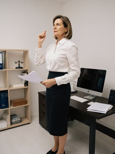 40대 유럽계 여성이 자연스러운 외모로 정장 스타일의 블라우스와 스커트를 입고 깔끔한 구두를 신은 반신 사진입니다. 그녀는 걱정스러운 표정을 짓고 있으며, 사무실 책상 위에서 법률 서류를 들고 고민에 잠긴 듯한 동작으로 춤을 추듯 보입니다. 배경은 현대적인 사무 공간으로 책상, 컴퓨터, 서가가 어우러져 전문적인 분위기를 자아냅니다.